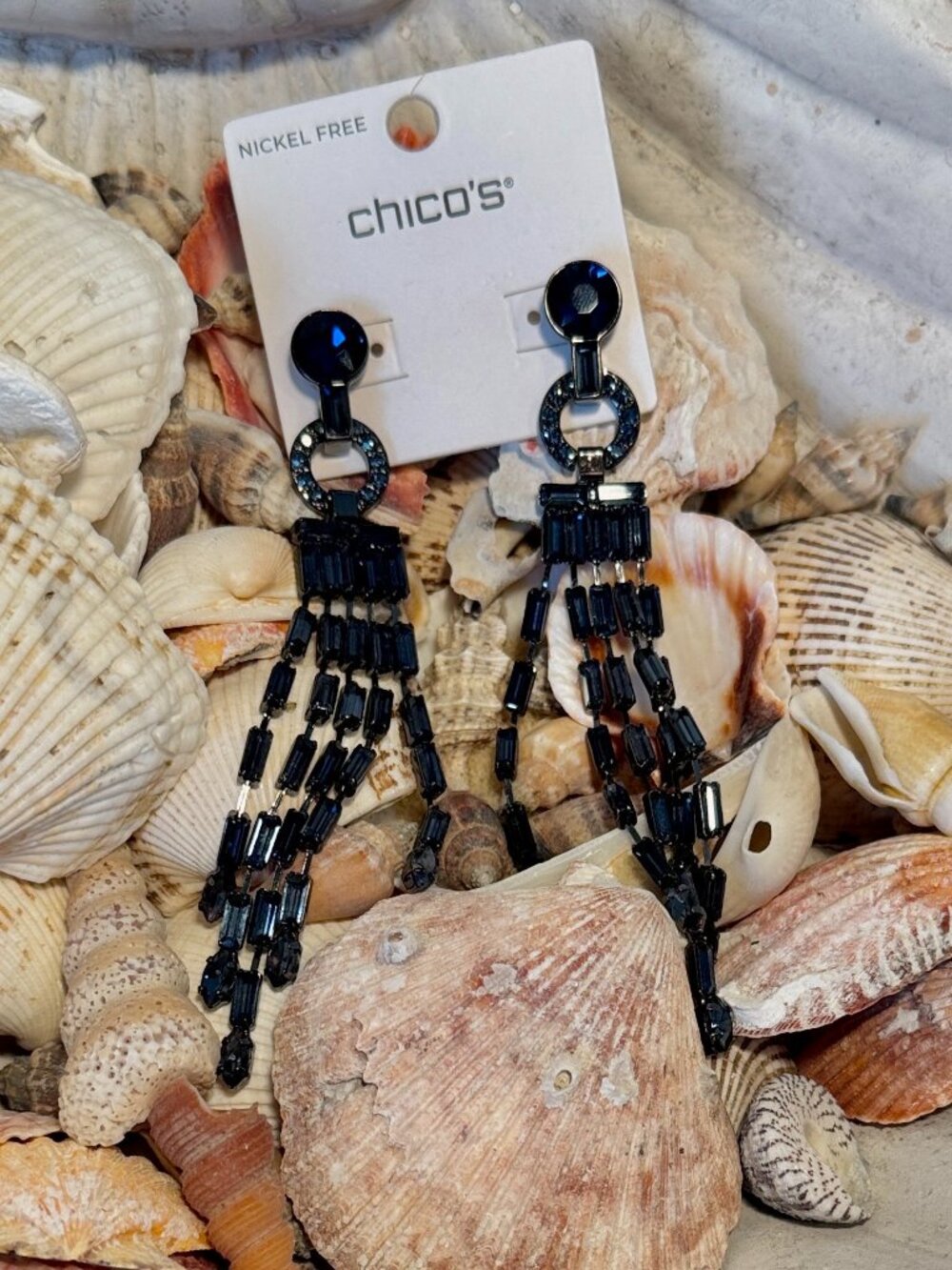 Chico's Midnight Navy Sparkle Long Beaded Earrings  NWT